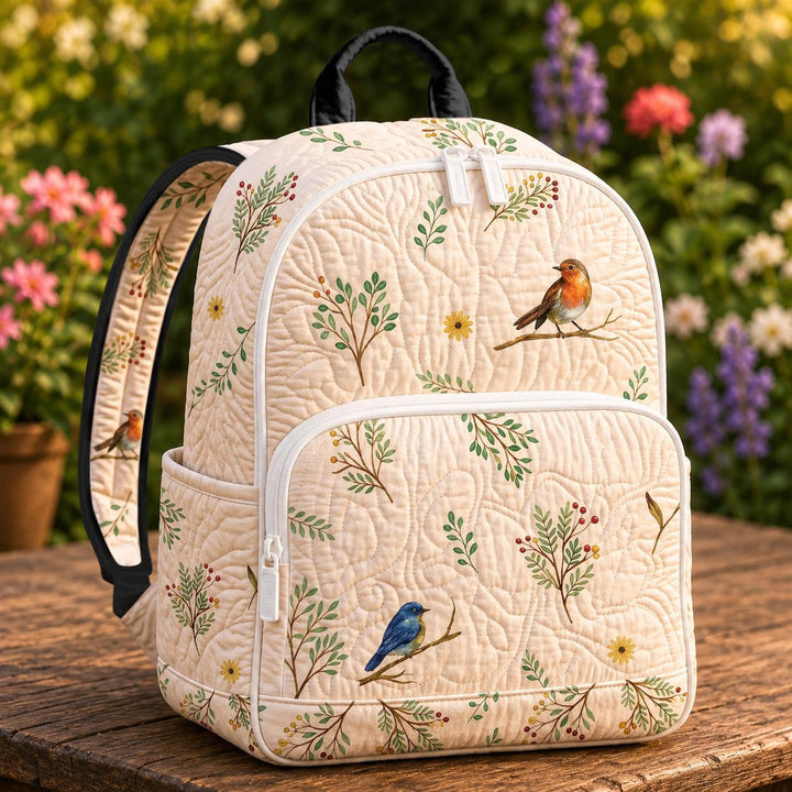 Quilted Backpack with Robin Bird and Botanical Design