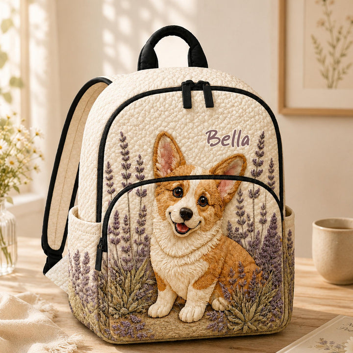 Εξατομικευμένο καπιτονέ σακίδιο πλάτης με σχέδιο κόργκι και άνθη λεβάντας