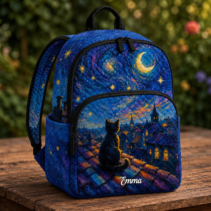 Personalized Quilted Backpack - Starry Night Cat Design
