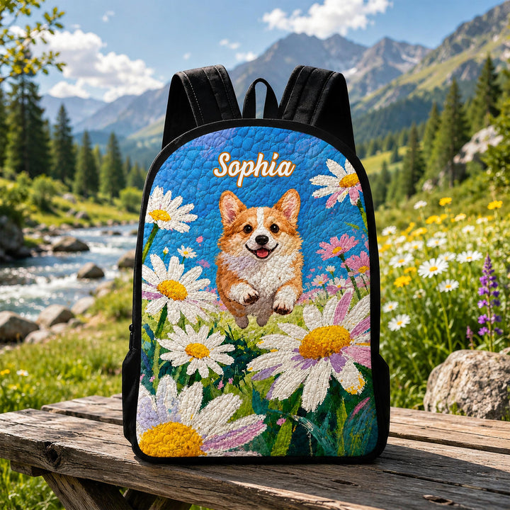 Personalized Floral Corgi Quilted Backpack with Black Strap