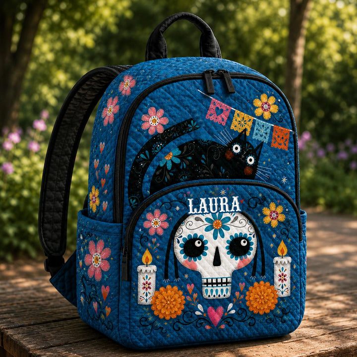 Personalized Blue Floral Sugar Skull Quilted Backpack