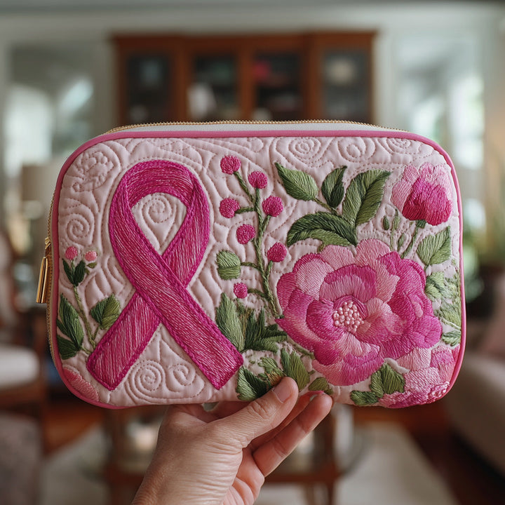 Breast Cancer Ribbon Quilted Pouch V1