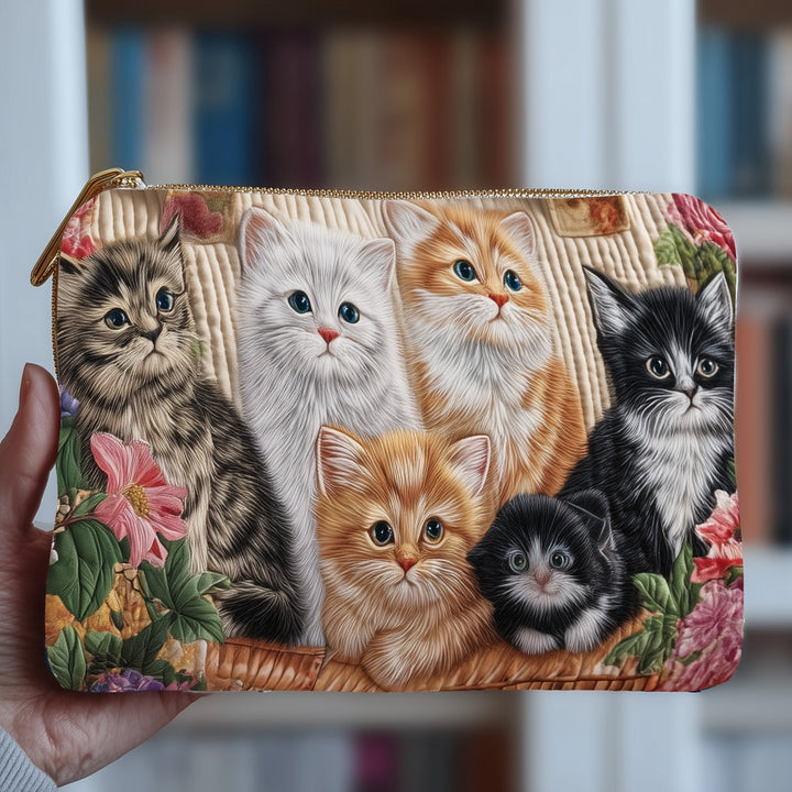 Vintage Meow Bouquet Quilted Pouch