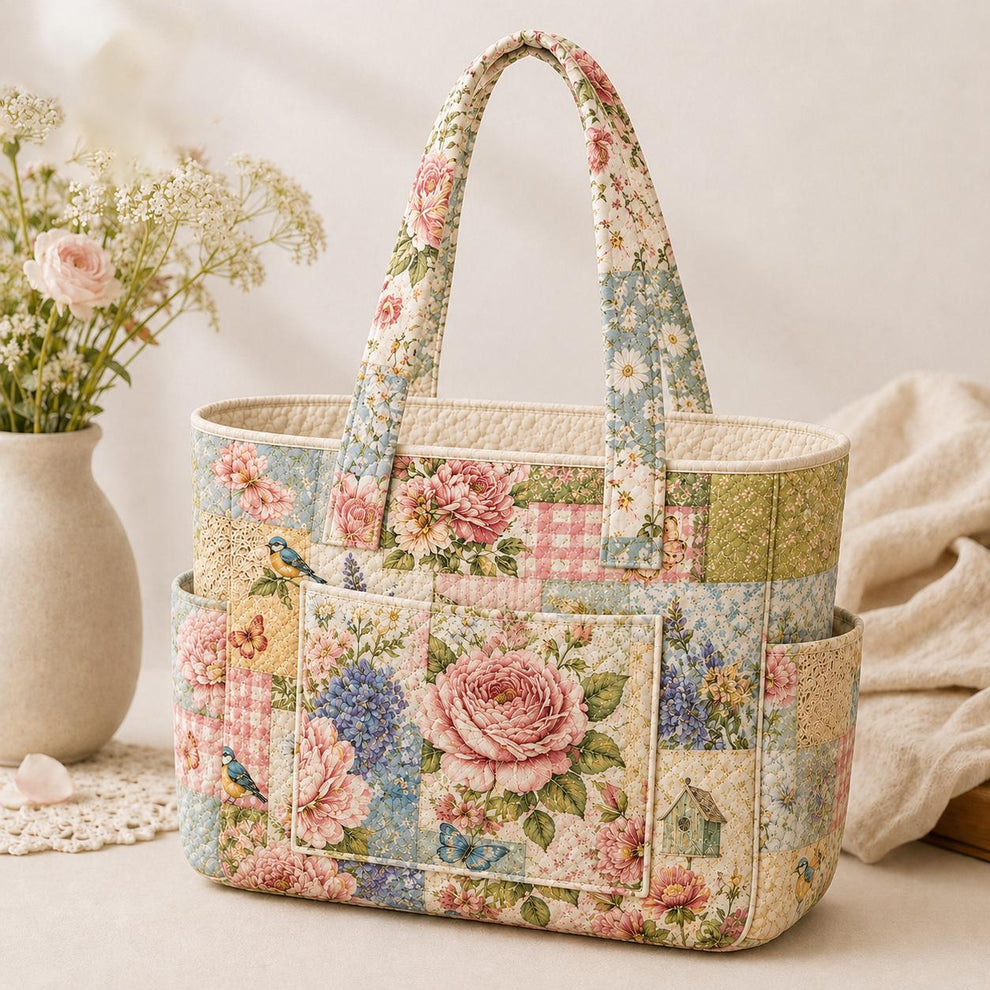 Fiona | Καπιτονέ τσάντα tote με λουλούδια σε vintage ύφος
